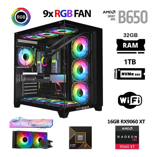 Xaser Lexus X780 Ryzen 7 7800X3d 32Gb Ddr5 Ram 1Tb M.2 Nvme Ssd 16Gb Rx9060 Xt Sıvı Soğutmalı Masaüstü Oyuncu Bilgisayarı