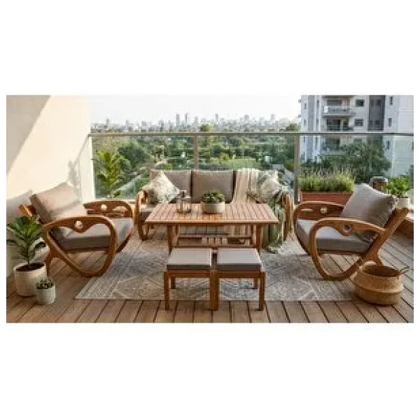ZerkaConcept Gardenlove Masif Ahşap Bahçe Balkon Koltuk Kestane Ağacı 3+1+1 Koltuk, Masa Ve Puf Takımı Bej