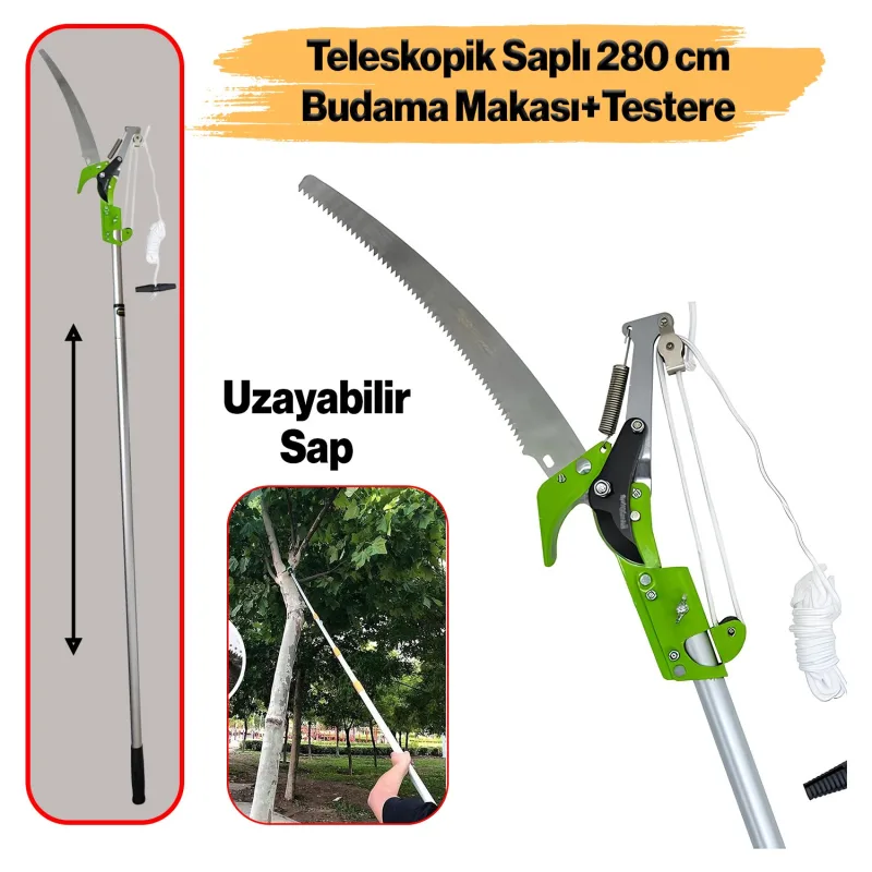 Ayarlanabilir 280 Cm Teleskopik Alüminyum Saplı Yüksek Yerlerde Ağaç Dal Kesme Budama Makası Testere