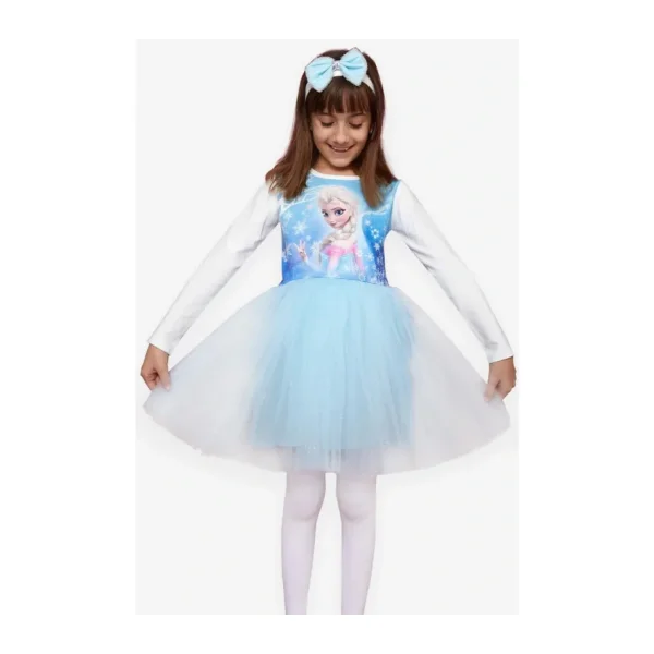 Babely Kız Çocuk Uzun Kollu Elbise Karlar Kraliçesi Elsa 5-10 Yaş, Mavi