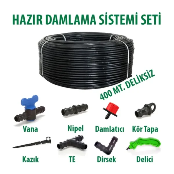 Bahçe 16X0,9MM 400 Metre Düz Damlama Borusu Sistemi Hazır Damlama Seti