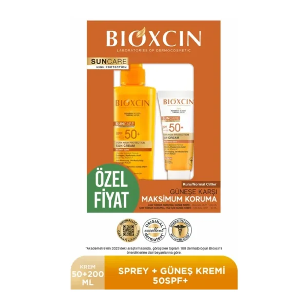 Bioxcin Sun Care Spf 50 Yüz Güneş Kremi 50 ml Kuru ve Normal Cilt + Vücut Güneş Spreyi 200 Ml Avantaj Seti