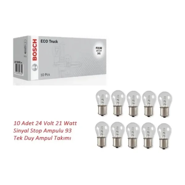 Bosch 24 Volt 21 Watt Sinyal Stop Ampulu Lambası 93 Tek Duy Ampul Takımı 10 Adet Ağır Vasıta 93 24v 21w