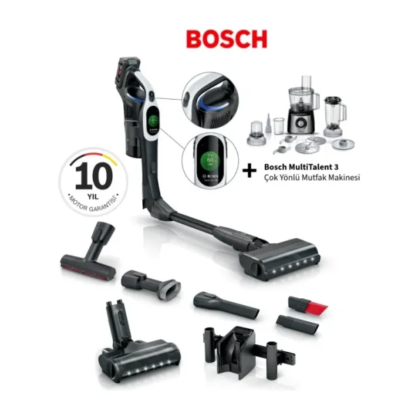 Bosch Premium BCS104 Şarjlı Dikey Süpürge Unlimited 10 Dijital Turbospinmotor Çiftbataryalı 160DK Temizlik+Bosch Multitalent Mutfak Robotu - Beyaz