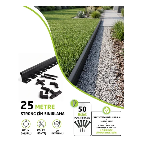 EnvaPlas Profesyonel Bahçe Ekipmanları Pratik Garden Siyah Strong Düz Çim Ayırıcı 25 Mt (10X2,5MT)sınırlayıcı Ayıracı Taş Toprak Bariyeri