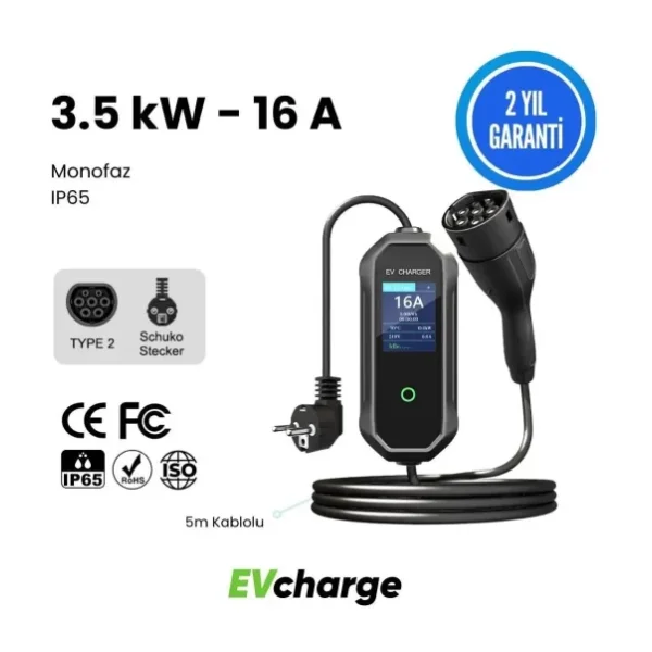 Evcharge Elektrikli Araç Taşınabilir Şarj Cihazı 3.5 Kw Tak- Çalıştır / 16A / Tip-2 / 2X16A Ev Tipi Fiş / 220V Ac / 5metre / Taşıma Çantalı - 3,5 Kw
