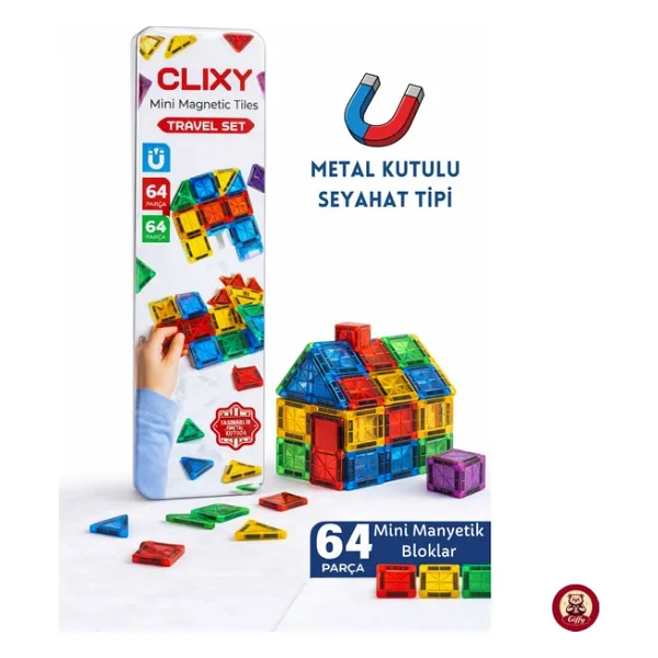 Giffy Manyetik Yapı Blokları - 64 Parça Seyahat Tipi Mini Bloklar Metal Saklama Kutulu Çanta Boy Renkli