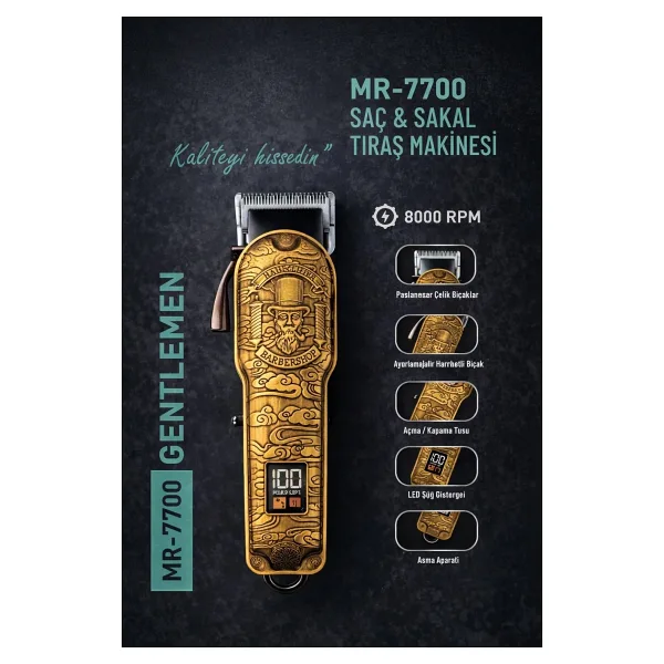 Jasper JPR-7700 Gentlemen Gold Detaylı Profesyonel Tıraş Makinesi 8000 Rpm - altın