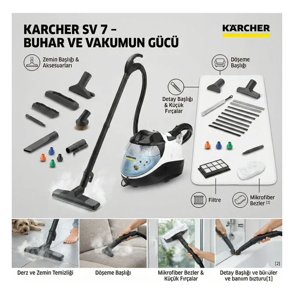 Karcher Yüksek Performanslı Buharlı Süpürge ve Vakum Makinesi 2200 Watt Güç 4 Kademeli Emiş Gücü 5 Kademeli Buhar Ayarlı Islak Kuru Temizleyici Karcher Sv 7 - Beyaz