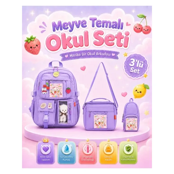 Kore Tarzı Okul Çantası / 3'lü Kız Çocuk İlkokul Çanta Seti Termal Beslenme Çantası / Kalemlik