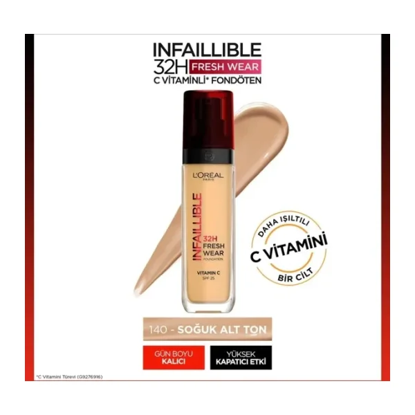 L'Oreal Paris Infaillible 32H Fresh Wear C Vitaminli 140 Golden Beige 30 ml Likit Fondöten