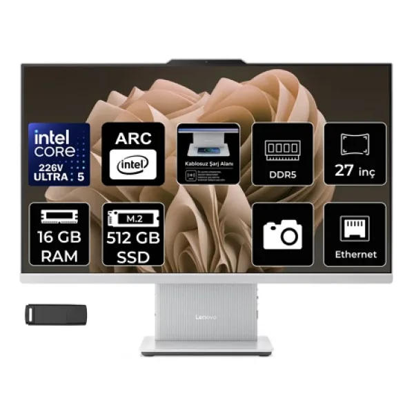 LENOVO Ideacentre 27ILL11 Intel Core Ultra 5 226V 16GB RAM 512GB SSD 27" Full HD (1920x1080) FreeDOS F0JW000YTRP308 Beyaz All In One Bilgisayar + Per4 USB Bellek