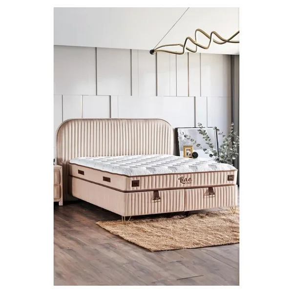 Line Visco Lüks Yatak Baza Ve Başlık Seti 160x200 Cm Çift Kişilik Yatak, Baza Ve Başlık Takımı Krem
