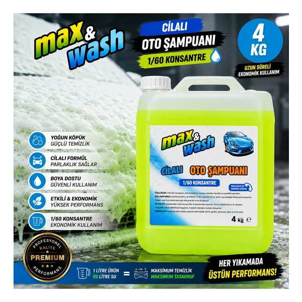 Max&Wash 4 KG Cilalı Oto Şampuanı 1/60 Konsantre - Profesyonel Yüksek Köpüklü Araç Şampuanı