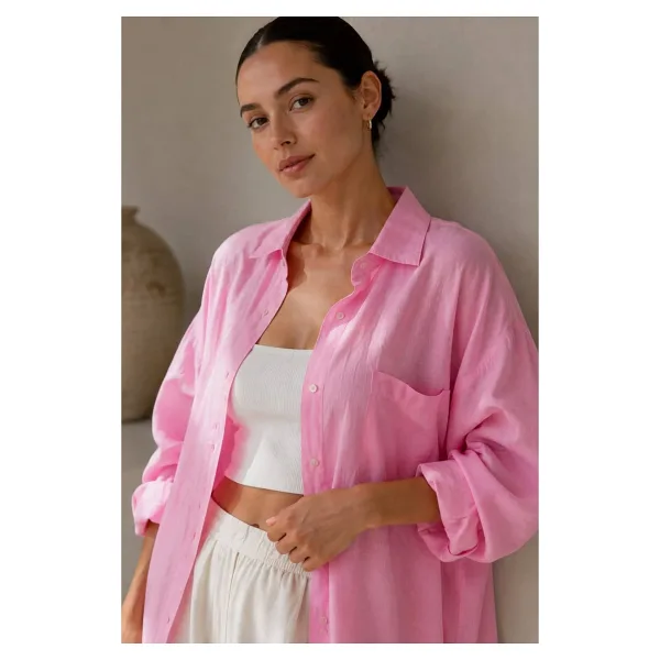 NUDEQUEEN Oversize Keten Dokulu %100 Pamuk Tek Cepli Salaş Gömlek KGT-KU3435