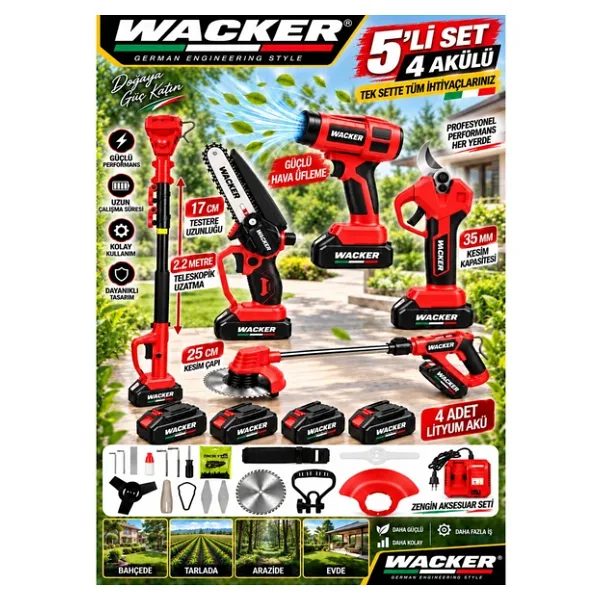 Prowackers Pro Red W-770 5 Li Bahçe Seti Teleskop+Makas 17 Cm Testere Hava Üfleme Çim Biçme +2 Akülü