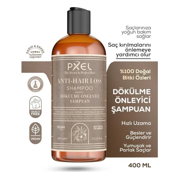 PXEL Saç Dökülme Önleyici Şampuan 400 ML Zayıflayan İncelen ve Dökülen Saçlar Vegan Şampuan