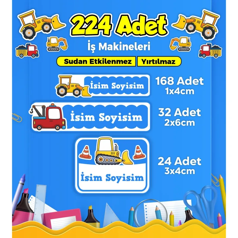 Sb Store İş Makineleri Okul Kreş İsim Etiketi Kalem Defter Özel İsim Yazılabilen Etiket Seti Model 7 - 224 Adet