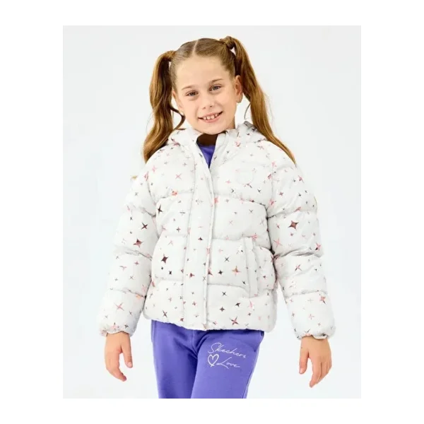 Skechers Puffer SK2520052-1040 Kapüşonlu Beyaz Çocuk Şişme Mont