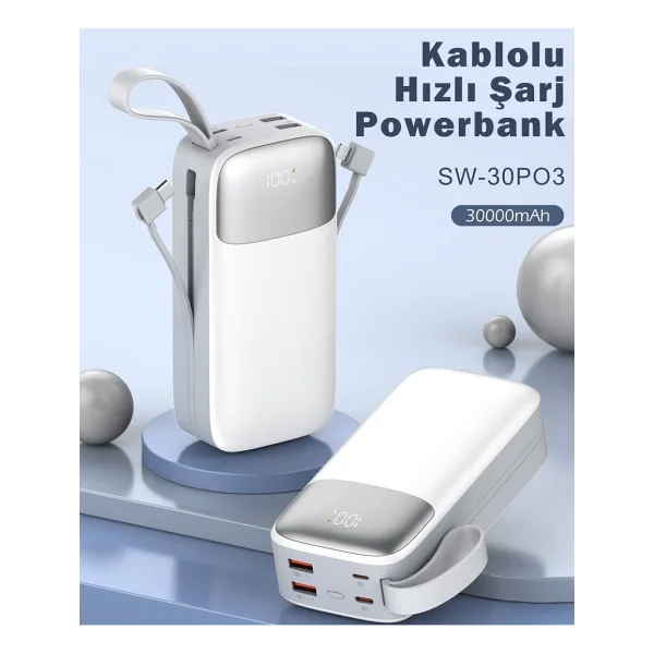Sword SW-30PO3 Beyaz 30000 mAh Hızlı Şarj Powerbank