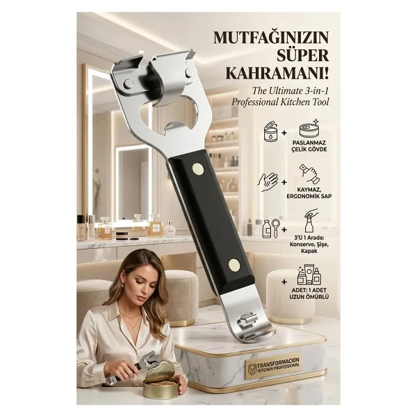 Transformacion 3'ü 1 Arada Konserve Açacağı Paslanmaz Çelik Malzemeden Ergonomik Siyah Saplı