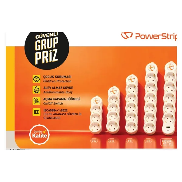 Tunçmatik TUNCMATIK POWERSTRIP4 4 lü 3m IEC 66884-1:2022 Standartı, FR(Alev Almaz)anahtarlı grup priz