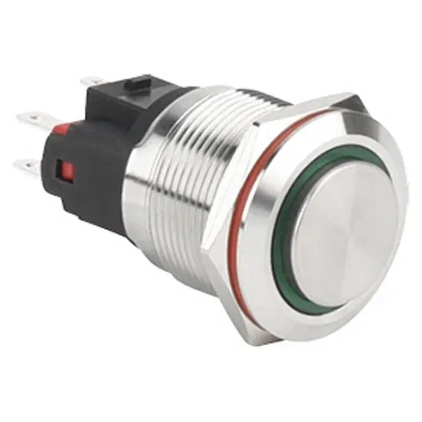 WD22E-G1-E 22mm Çıkık Yaylı Işıklı Metal Buton - Yeşil