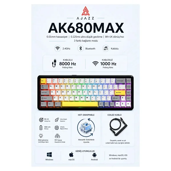 Ajazz AK680 Max Wireless RGB %68 TKL Magnetic Rice Switch Kablolu/Kablosuz Oyuncu Klavyesi