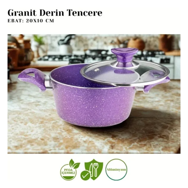 Arzu Cam Kapaklı Violet 20 cm Derin Granit Tencere