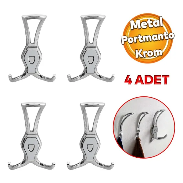 Badem10 Galata Askı Portmanto Metal Vestiyer Duvar Dolap Elbise Askısı Krom Renk Mobilya Askılığı 4 Adet