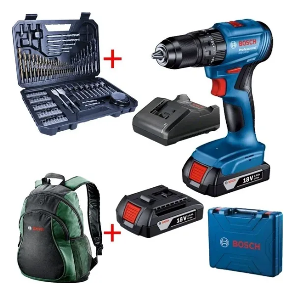 Bosch GSB 185 Li Çift Akülü 2 Ah Darbeli Matkap + 103 Parça Aksesuar + Sırt Çantası