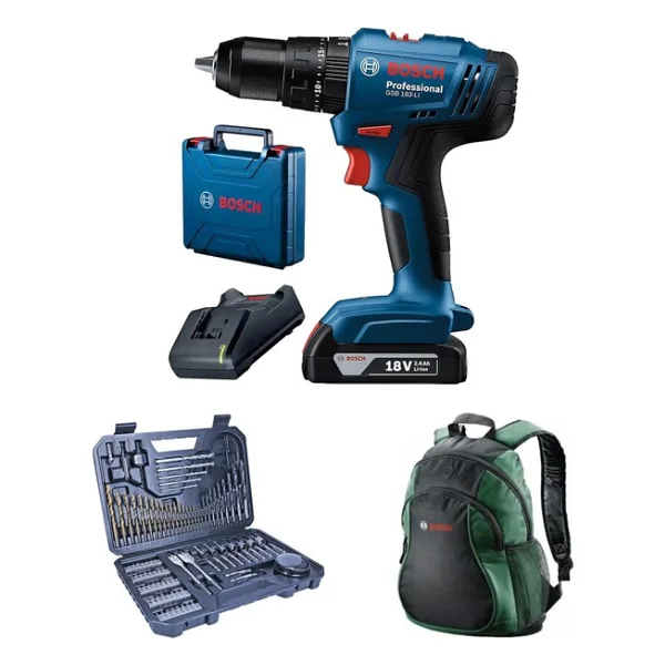 Bosch Professional GSB 183 Tek Akülü 2 Ah Darbeli Matkap Şarjlı + V-Line 103 Parça Karışık Aksesuar Seti+ Bosch Sırt Çantası