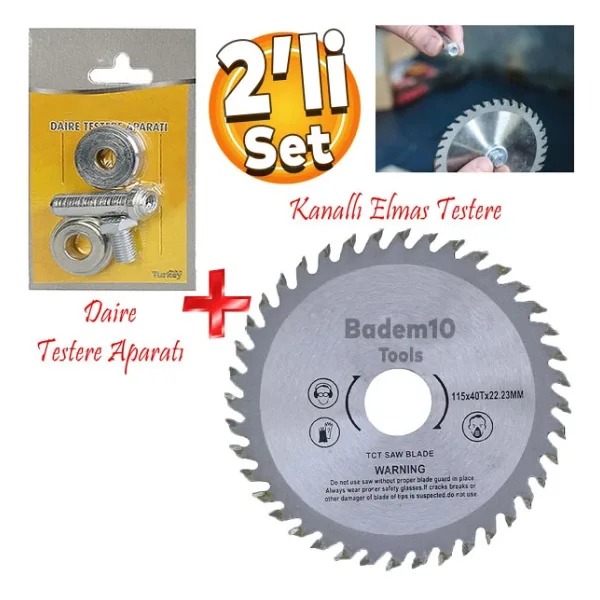 Daire Testere Bıçağı Ağaç Odun Ahşap Sunta Kesme Testeresi 115 mm 40 Diş + Matkap Aparatı
