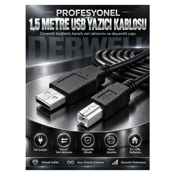 Derwell Usb Yüksek Hızlı 2.0 A-b Erkek Kablosu Canon Brother Hp Epson Yazıcı Fax Kablosu 1.5 Metre