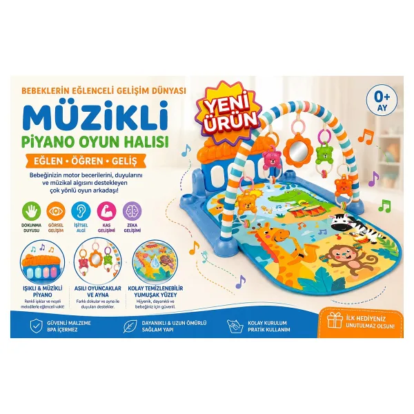 Lenda Shop Bebek Aktivite Halısı Müzikli Piyanolu Oyun Matı Asılabilir Oyuncaklı - Mavi - 75 x 56 x 45 cm