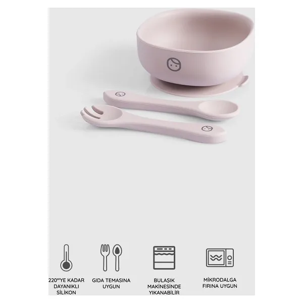 Little Gusto Pembe Silikon Vakumlu Mama Tabağı ve Çatal Kaşık Seti