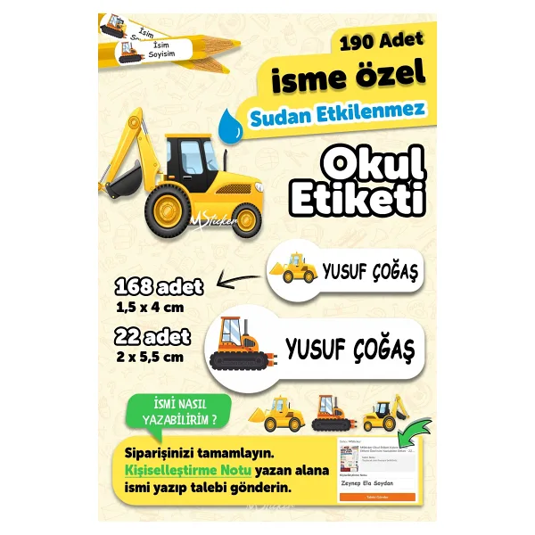 MSticker Okul Etiketi Kalem Defter Etiketi Iş Makinaları Özel Isim Yazılabilen Etiket - 190 Adet