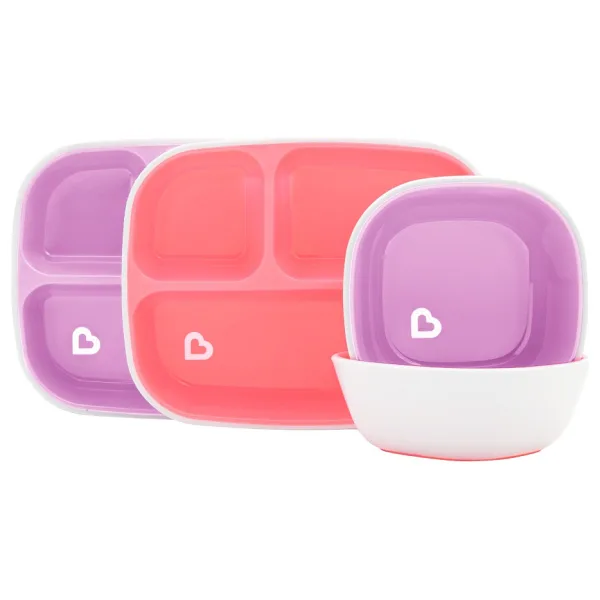 Munchkin SplashTM 4'lü Bölmeli Tabak ve 2li Kase Seti 6AY+ Pembe/Mor