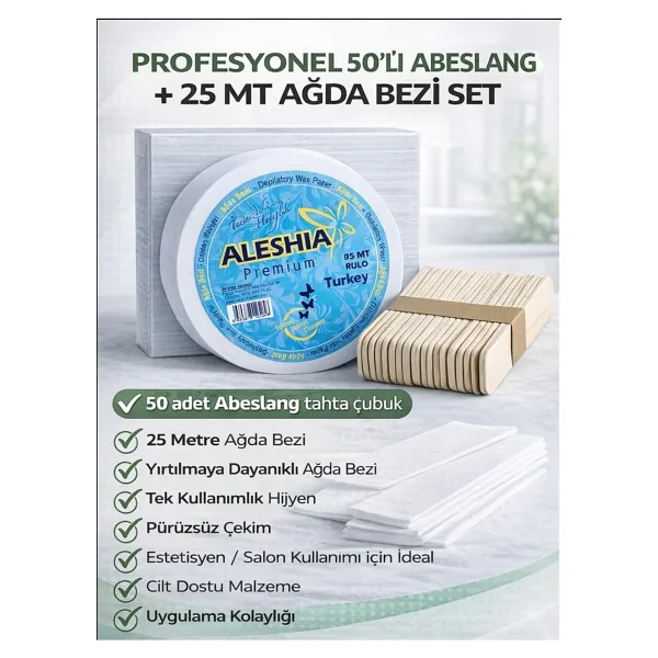 Owersea Profesyonel 50li Abeslang + 25 Metre Ağda Bezi Ağda Seti Epilasyon Bezi Tek Kullanımlık Ahşap Çubuk