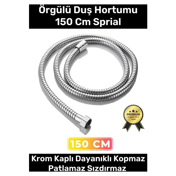 Premium Krom Kopmaz Patlamaz Sızdırmaz Bükülme Dayanıklı Bağlantı Örgülü 150 Cm Sprial Duş Hortumu