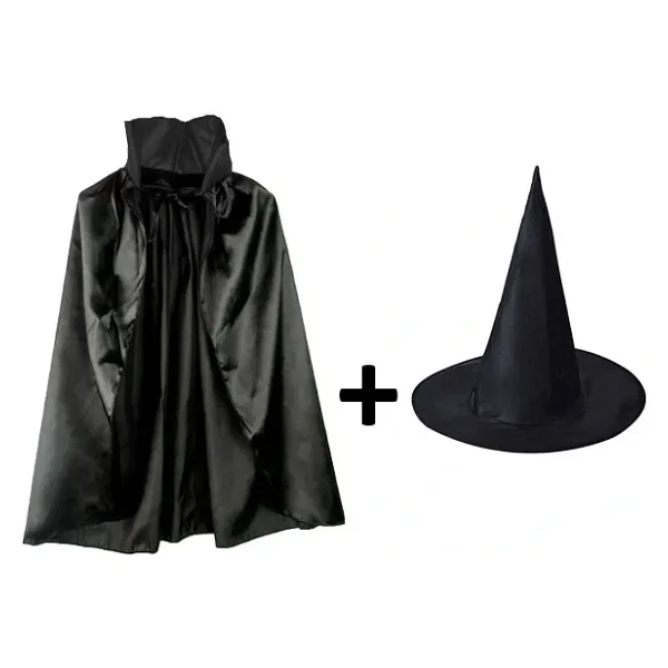 Siyah Yakalı Pelerin Ve Siyah Cadı Şapkası Seti Çocuk Boy