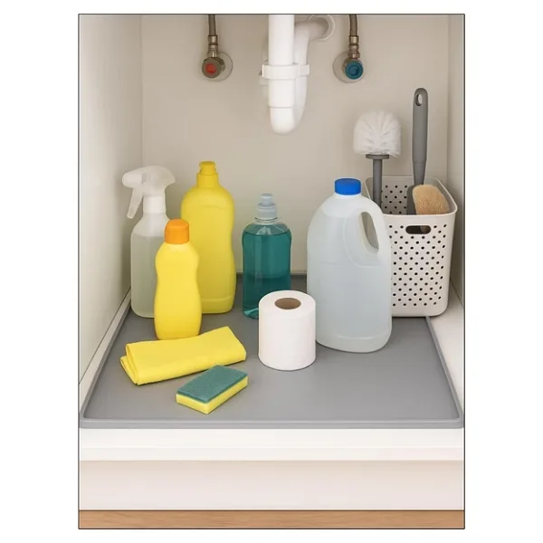 Su Geçirmez Silikon Lavabo Altı Matı (60x40 cm) - Mutfak ve Banyo Tezgah Altı Koruyucu Düzenleyici, Sızıntı Önleyici Yükseltilmiş Kenar,Havuzlu, Gri Renk
