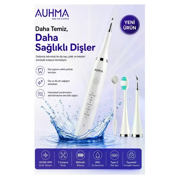 Ultrasonic Şarjlı Elektrikli Akıllı Diş Temizleme Cihazı Beyazlatıcı 5 Mod 3+1 Başlık, Ipx8 Su Geçirmez Beyaz